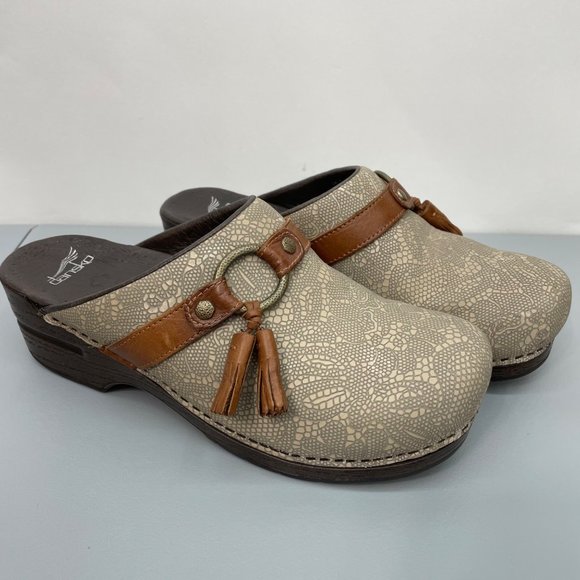 Dansko Shoes - Dansko Shandi Mules Clogs Tassels Nubuck Leather Tan Gray Womens 41 US 10.5 - 11